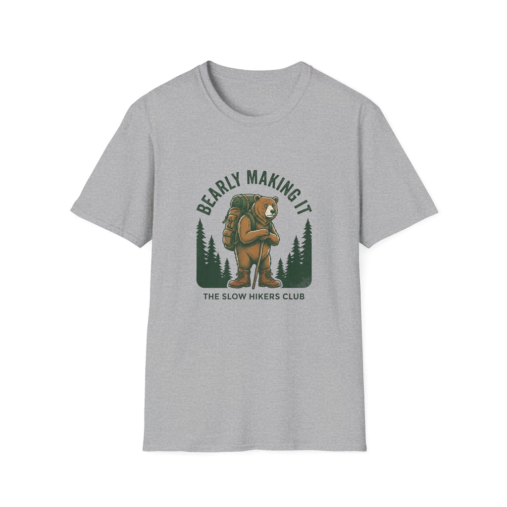 Bear Backpacker T‑Shirt — "Bearly Making It" Camping Graphic Tee