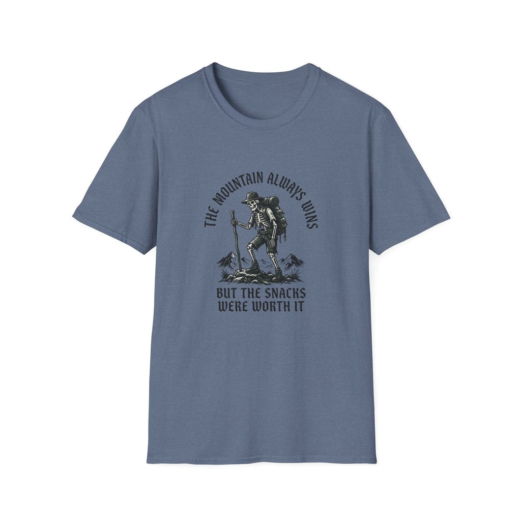 Hiking Skeleton T-Shirt — “The Mountain Always Wins” Outdoor Adventure Tee