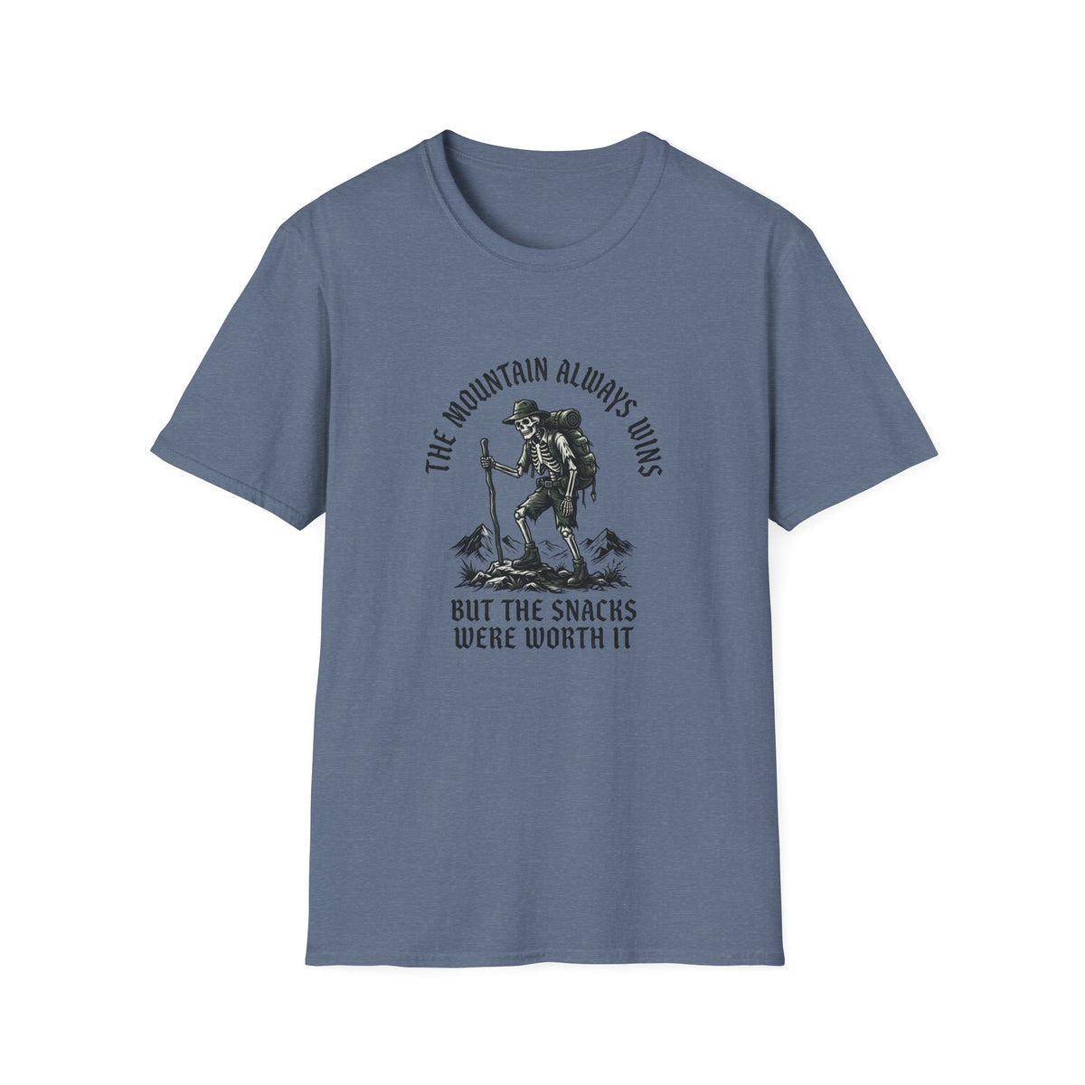 Hiking Skeleton T-Shirt — “The Mountain Always Wins” Outdoor Adventure Tee