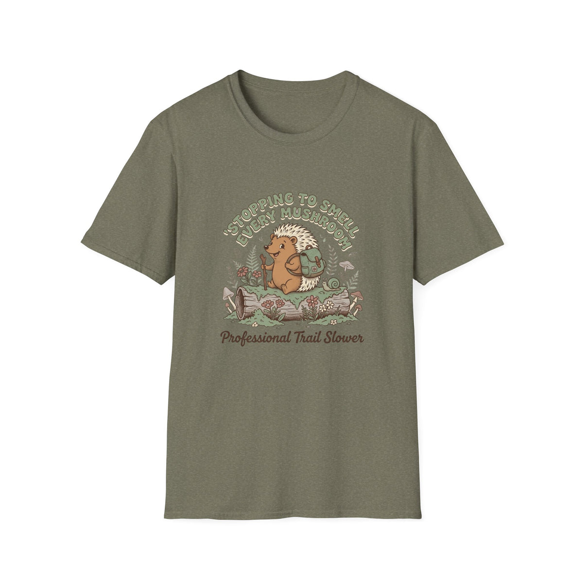 T-Shirt — "Stopping to Smell Every Mushroom" Hedgehog Hiking Graphic Tee