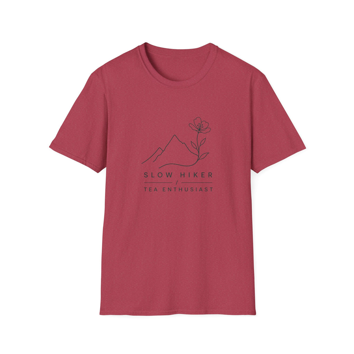 Slow Hiker T-Shirt — Minimal Mountain & Flower Tee for Hikers & Tea Lovers