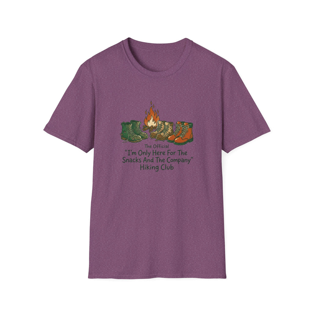 Camping Boots Graphic T-Shirt — “I’m Only Here For The Snacks And The Company” Hiking Tee