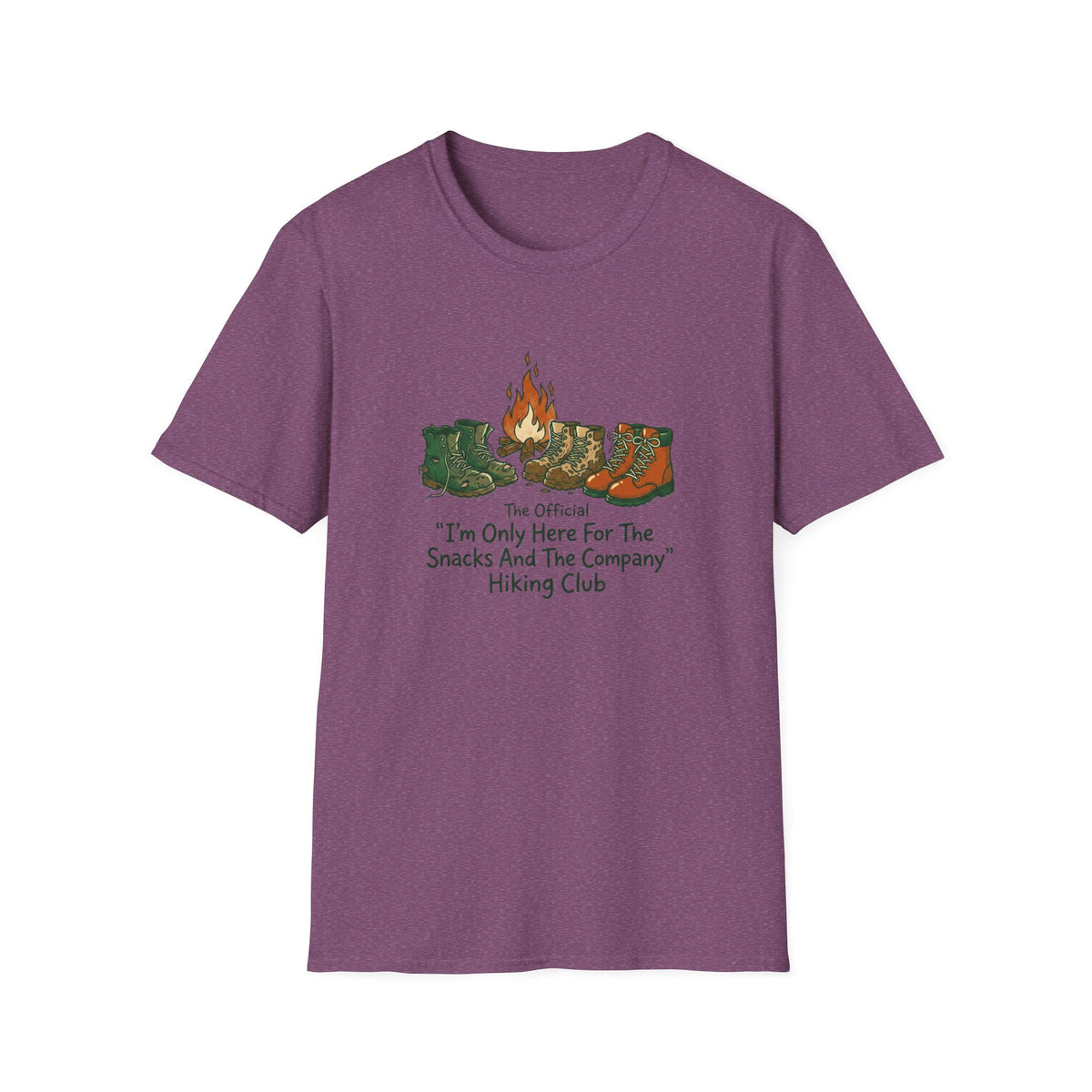 Camping Boots Graphic T-Shirt — “I’m Only Here For The Snacks And The Company” Hiking Tee
