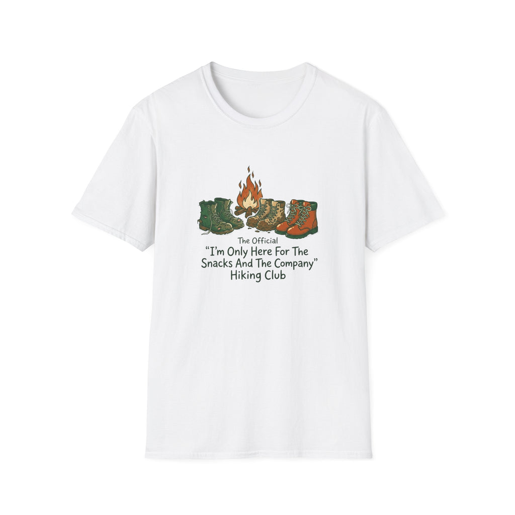 Camping Boots Graphic T-Shirt — “I’m Only Here For The Snacks And The Company” Hiking Tee