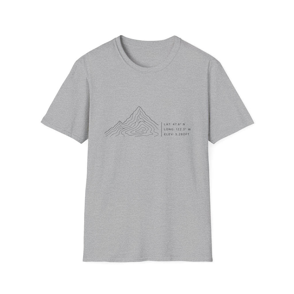 Minimal Topographic Mountain T-Shirt — Coordinates & Elevation Design