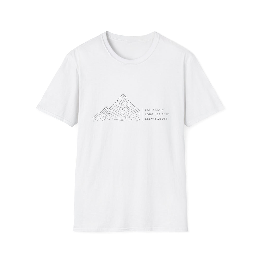 Minimal Topographic Mountain T-Shirt — Coordinates & Elevation Design