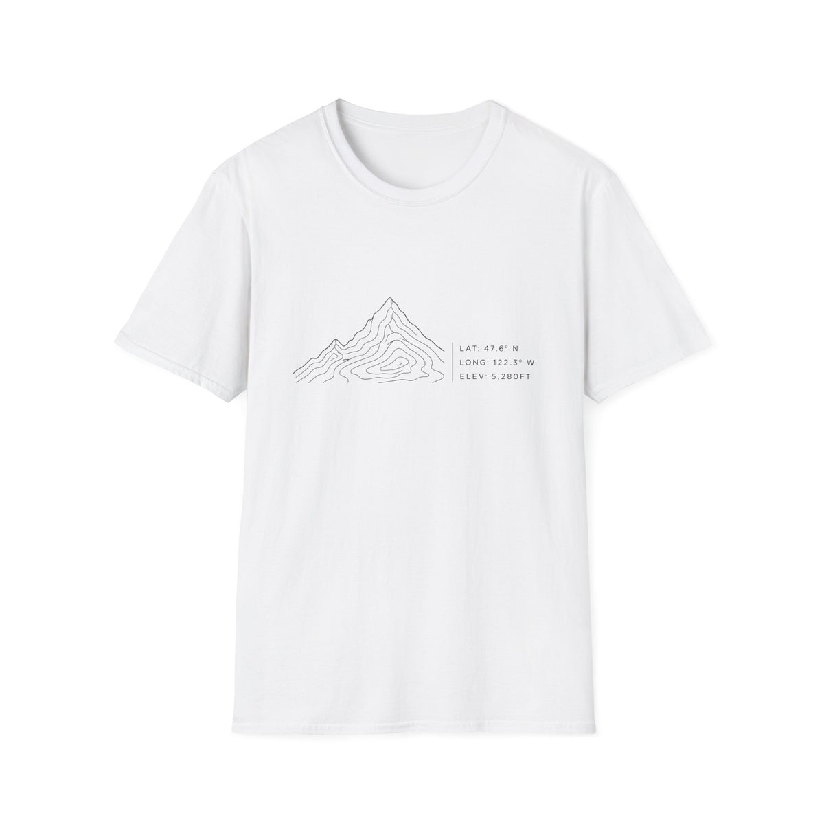 Minimal Topographic Mountain T-Shirt — Coordinates & Elevation Design