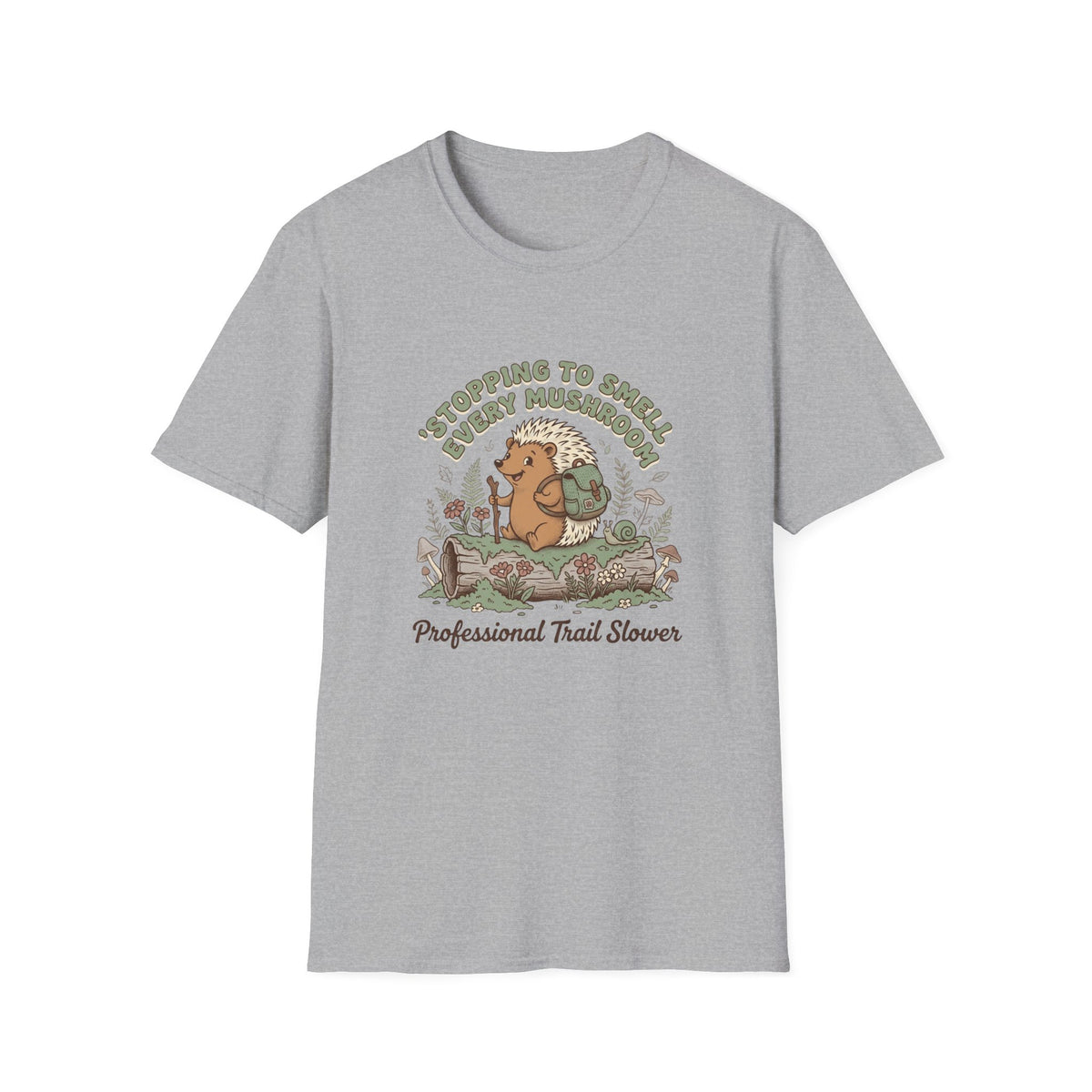 T-Shirt — "Stopping to Smell Every Mushroom" Hedgehog Hiking Graphic Tee