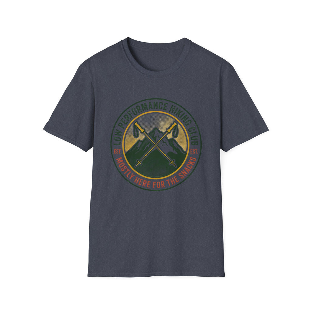 Hiking T-Shirt — "Low Performance Hiking Club" Retro Mountain Graphic