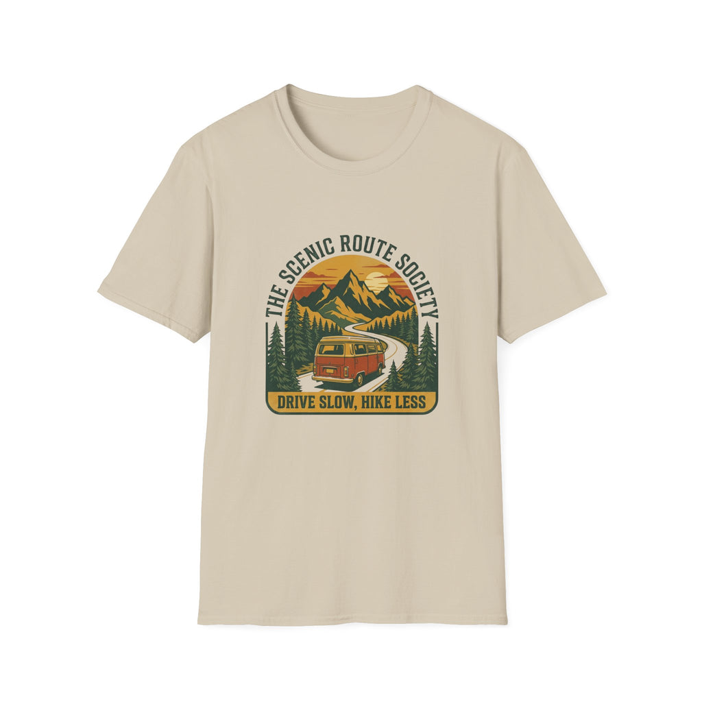 Scenic Route T-Shirt — "The Scenic Route Society: Drive Slow, Hike Less" Mountain Road Tee