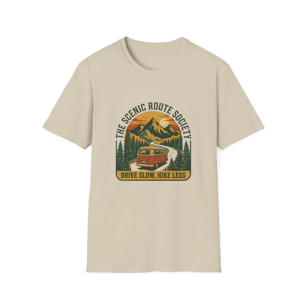 Scenic Route T-Shirt — "The Scenic Route Society: Drive Slow, Hike Less" Mountain Road Tee