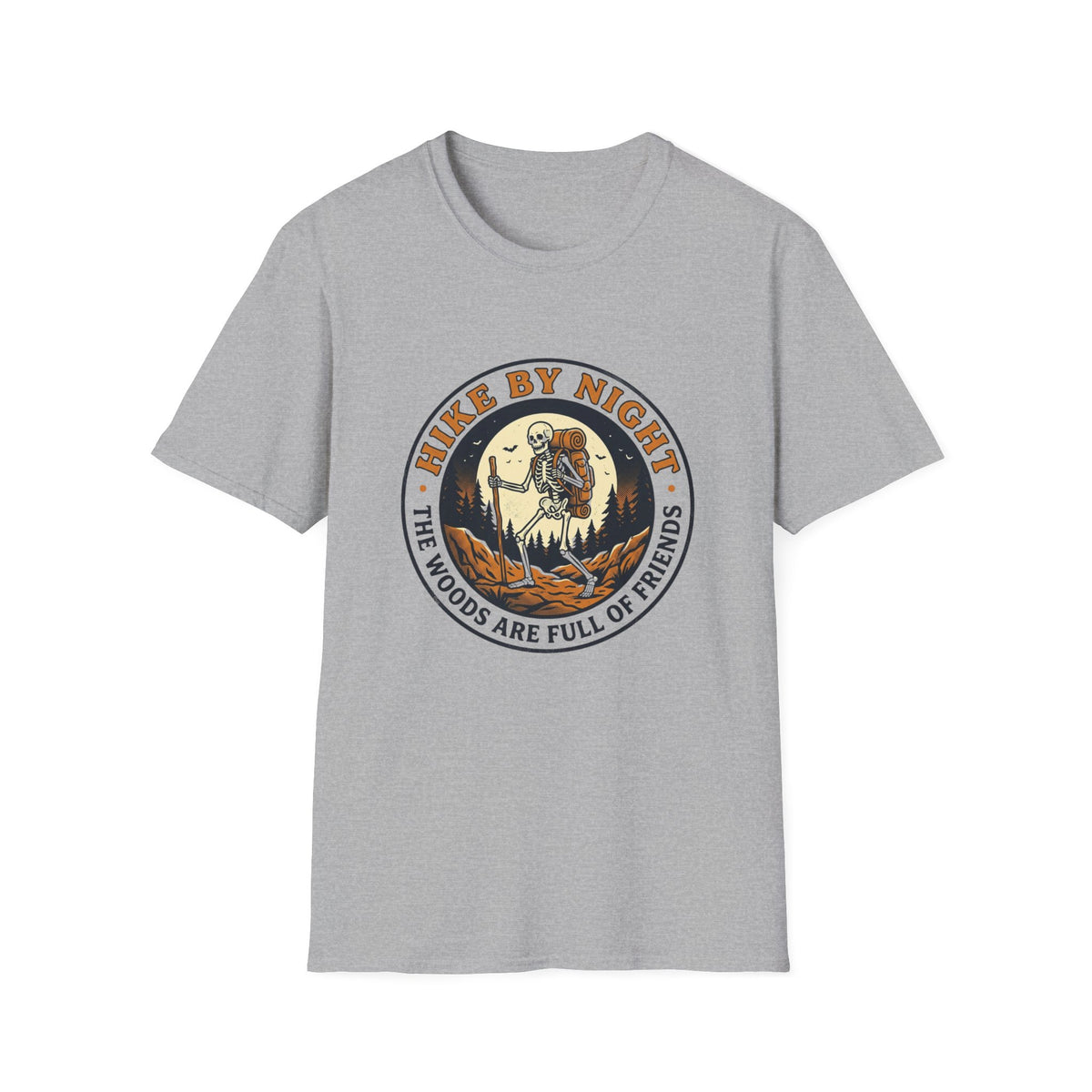 Hike By Night T‑Shirt — Skeleton Backpacking Graphic Tee