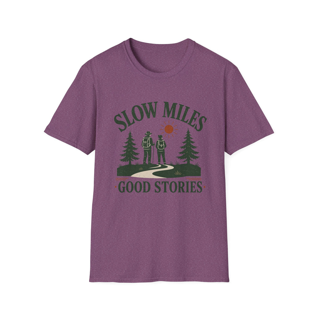 Slow Miles T-Shirt — Hiking Graphic Tee "Slow Miles, Good Stories"