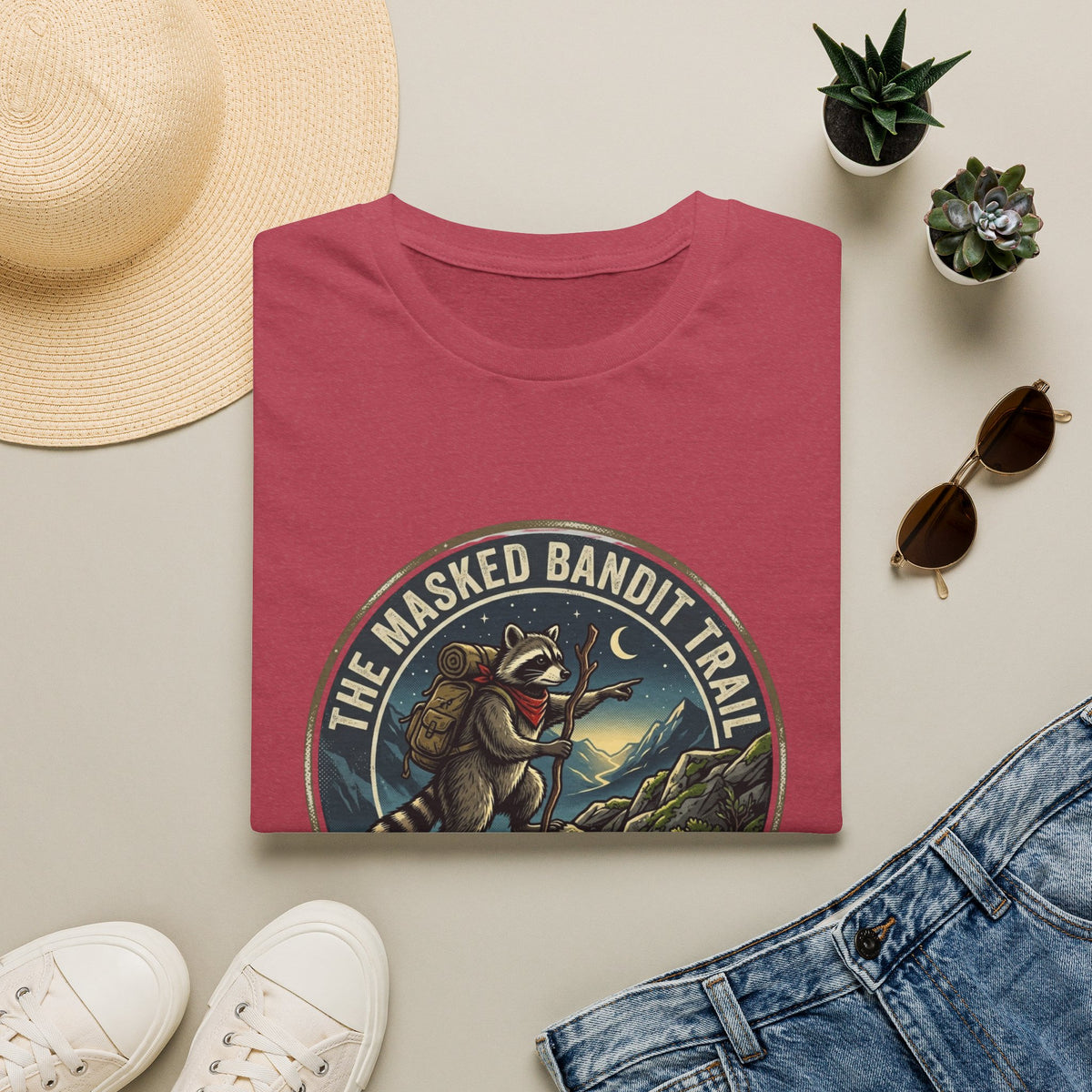 Masked Bandit Trail T-Shirt — Vintage Raccoon Hiking Graphic