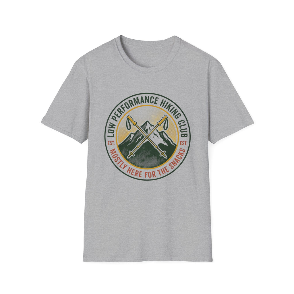 Hiking T-Shirt — "Low Performance Hiking Club" Retro Mountain Graphic