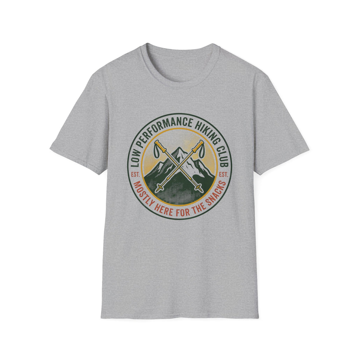 Hiking T-Shirt — "Low Performance Hiking Club" Retro Mountain Graphic