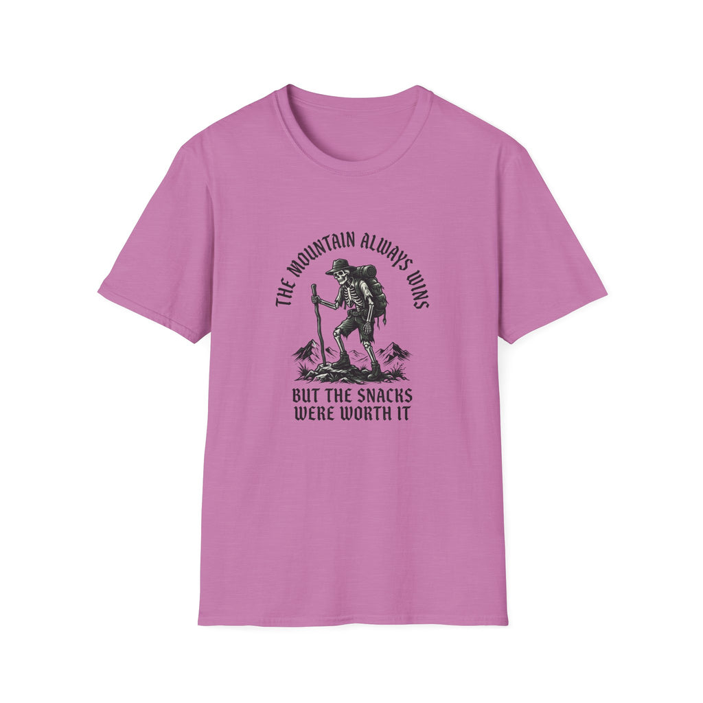 Hiking Skeleton T-Shirt — “The Mountain Always Wins” Outdoor Adventure Tee