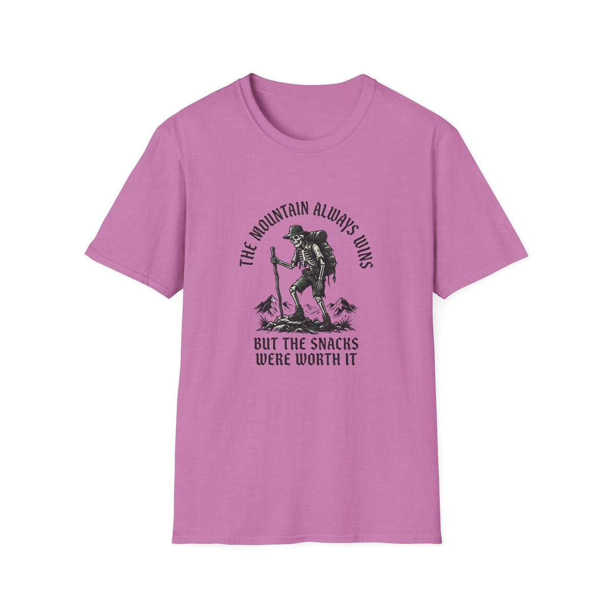 Hiking Skeleton T-Shirt — “The Mountain Always Wins” Outdoor Adventure Tee