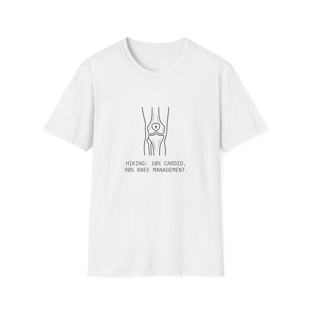 T-Shirt — Knee Anatomy Line Art “Hiking 10% Cardio, 90% Knee Management” Casual Tee
