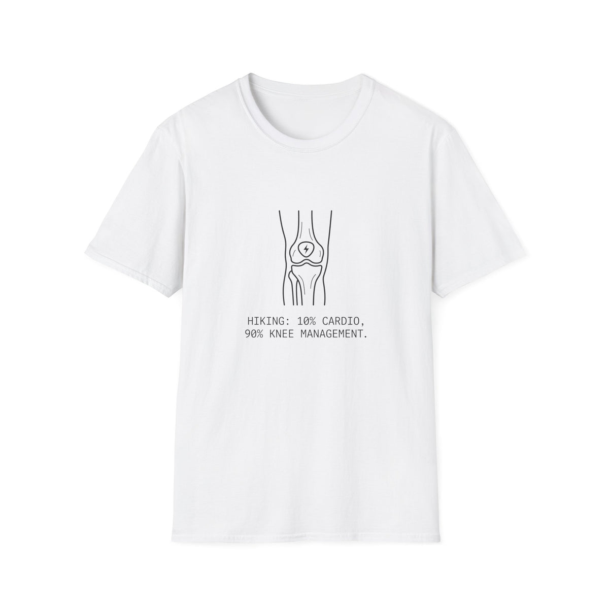 T-Shirt — Knee Anatomy Line Art “Hiking 10% Cardio, 90% Knee Management” Casual Tee