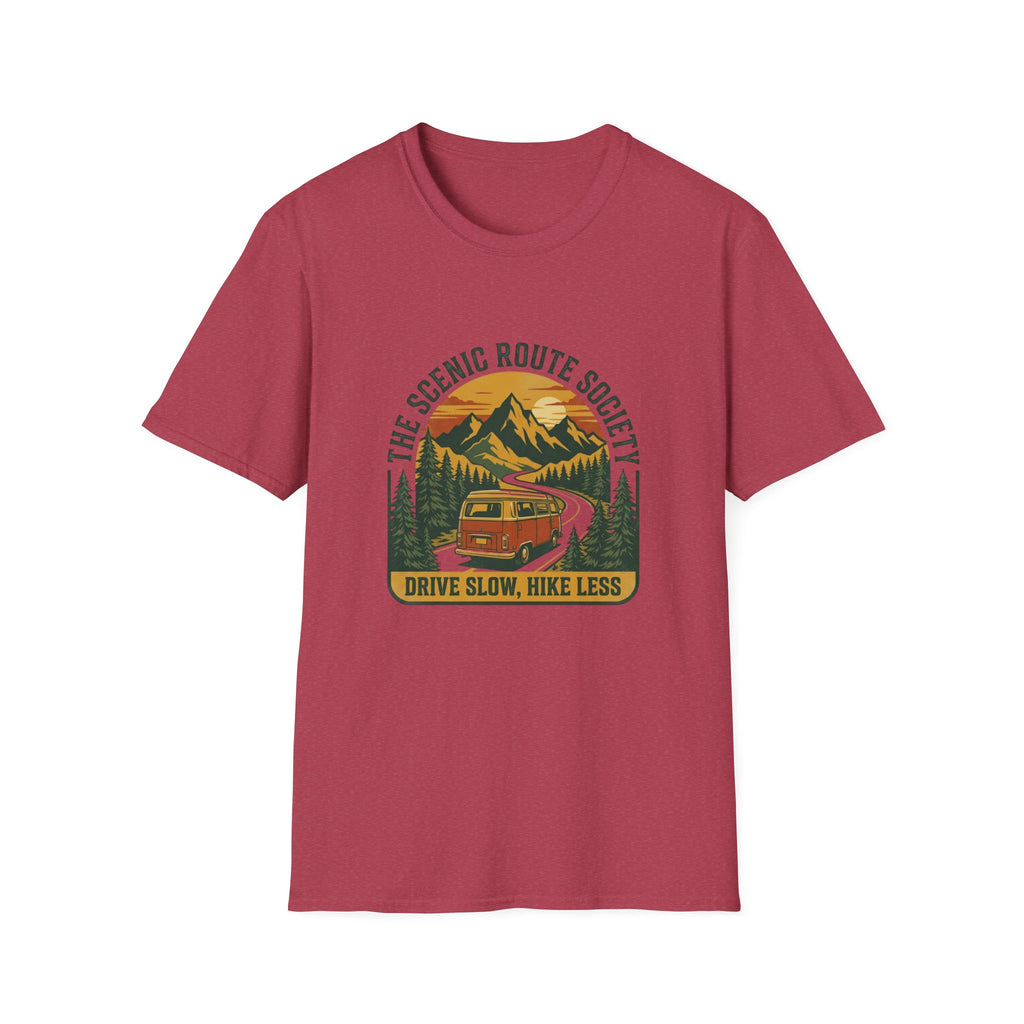 Scenic Route T-Shirt — "The Scenic Route Society: Drive Slow, Hike Less" Mountain Road Tee