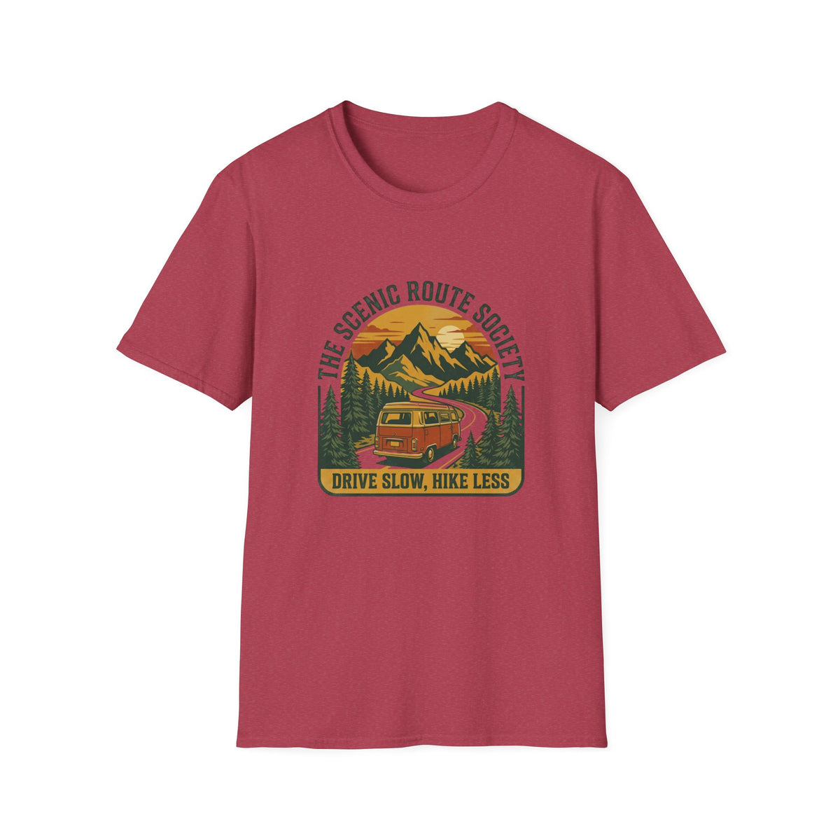 Scenic Route T-Shirt — "The Scenic Route Society: Drive Slow, Hike Less" Mountain Road Tee
