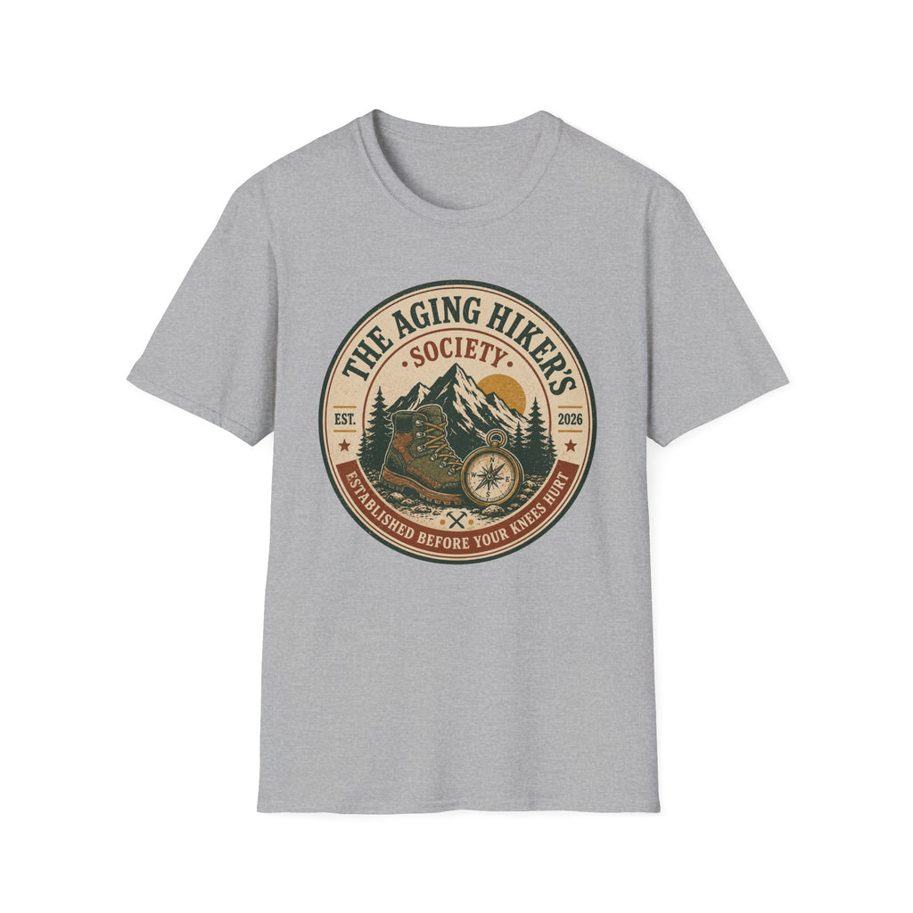 Aging Hiker's Society T-Shirt – Vintage Mountain Outdoors Adventure Tee