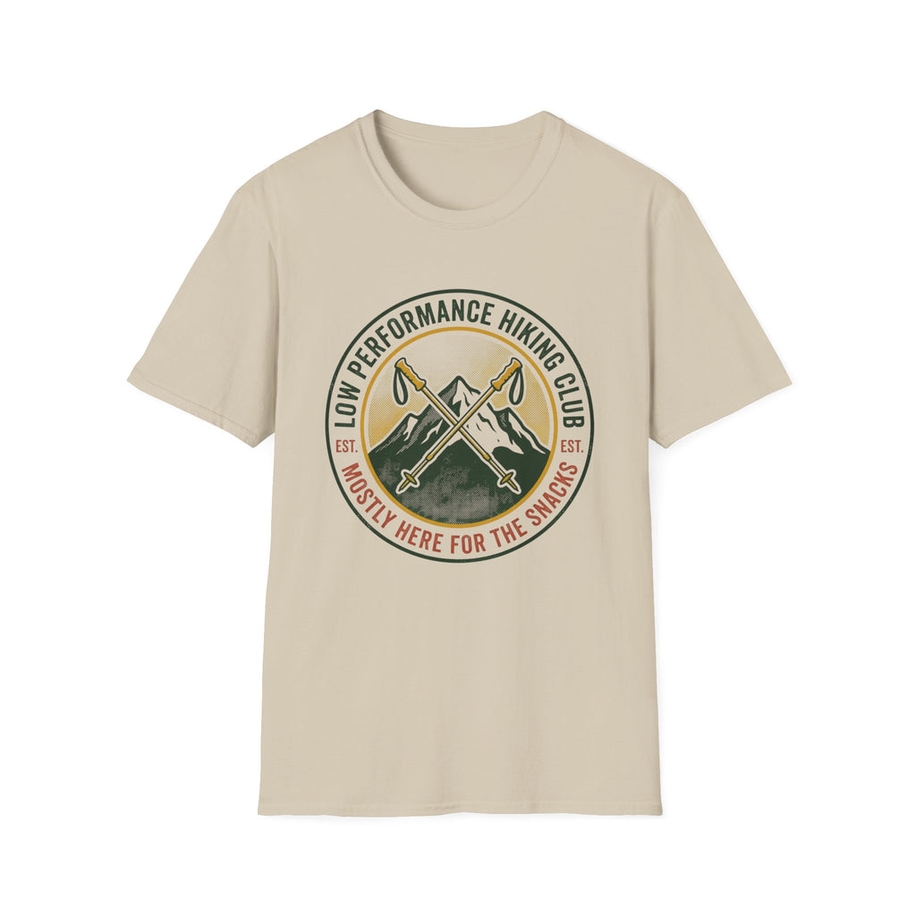 Hiking T-Shirt — "Low Performance Hiking Club" Retro Mountain Graphic