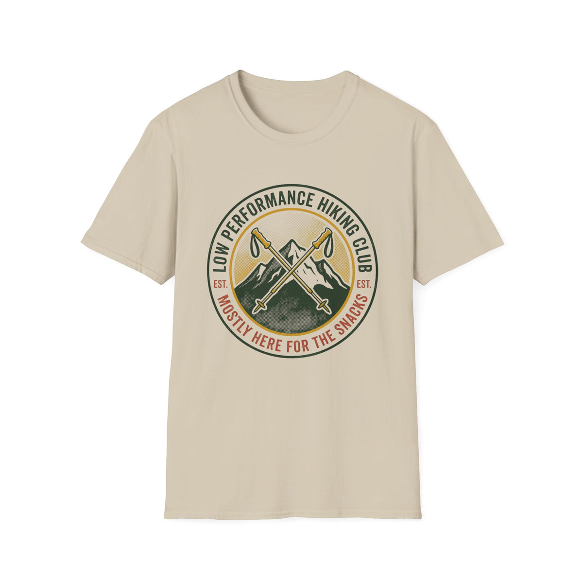 Hiking T-Shirt — "Low Performance Hiking Club" Retro Mountain Graphic