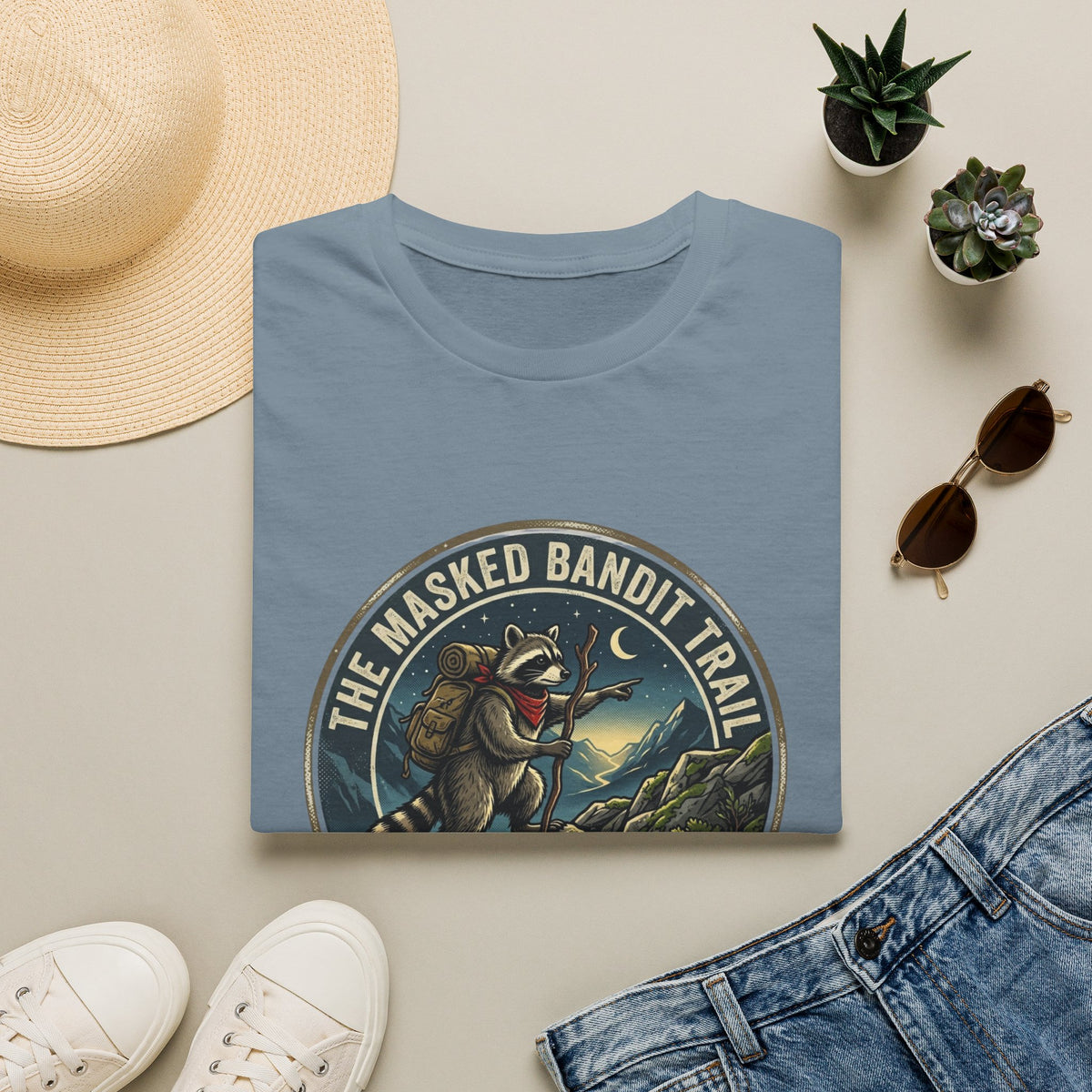 Masked Bandit Trail T-Shirt — Vintage Raccoon Hiking Graphic