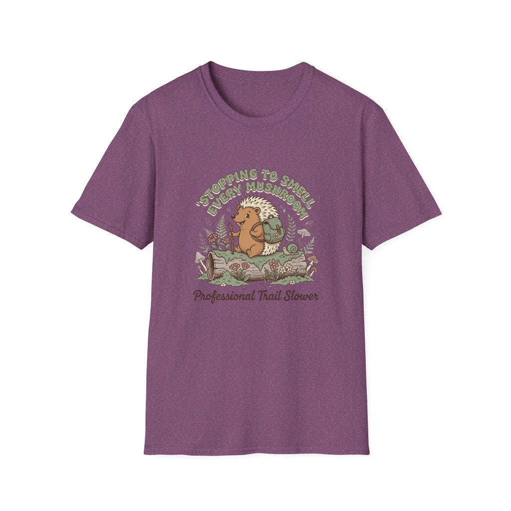 T-Shirt — "Stopping to Smell Every Mushroom" Hedgehog Hiking Graphic Tee