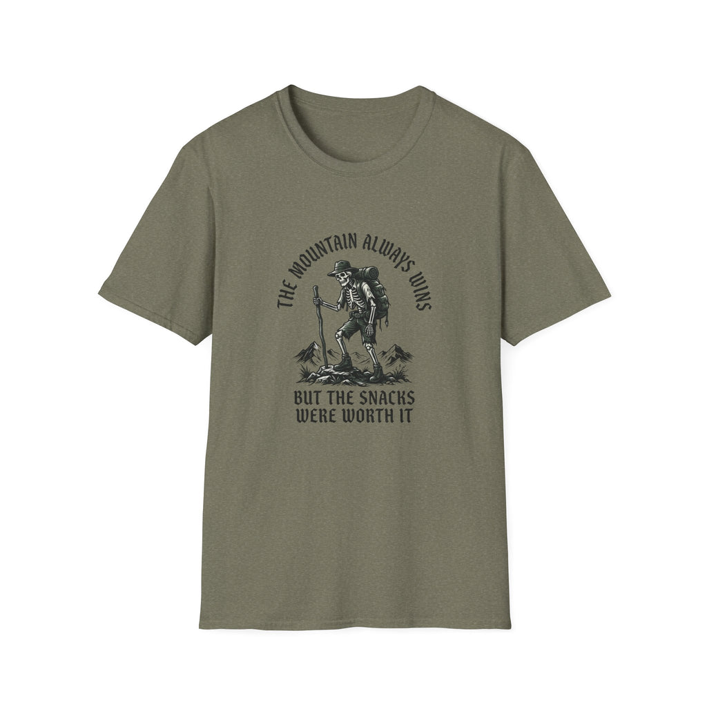 Hiking Skeleton T-Shirt — “The Mountain Always Wins” Outdoor Adventure Tee