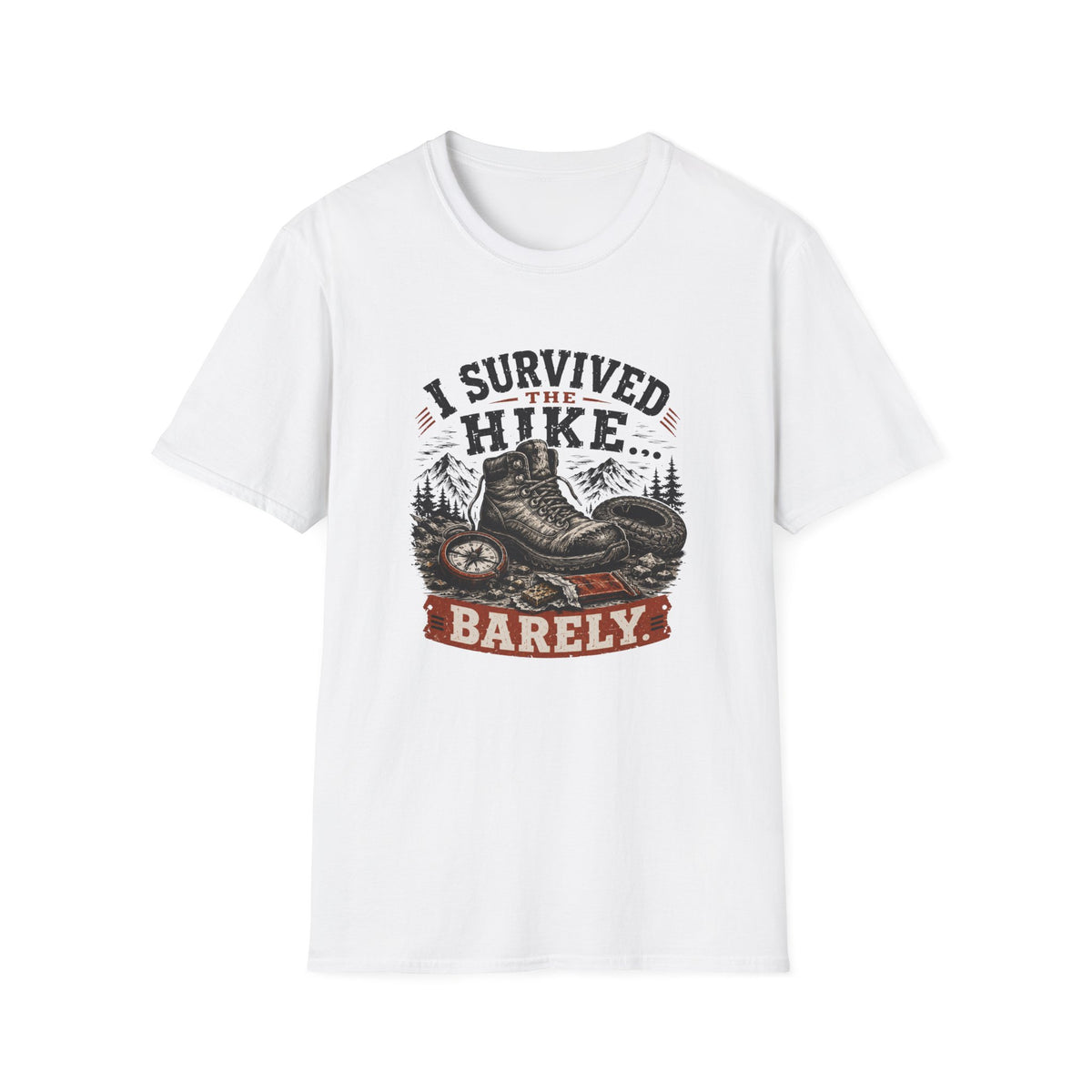 Hiking T-Shirt — "I Survived the Hike... Barely" Vintage Boots & Mountains Tee
