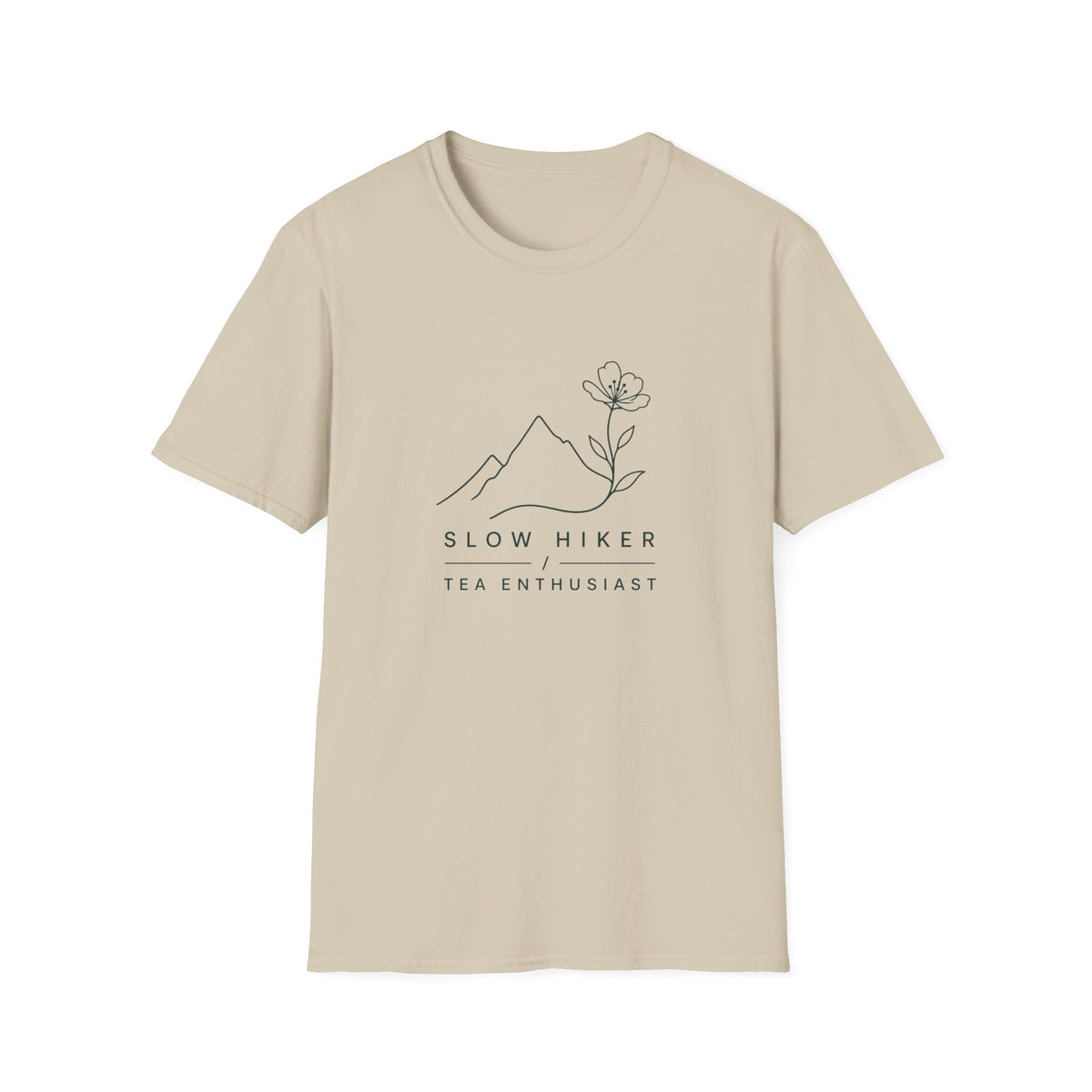Slow Hiker T-Shirt — Minimal Mountain & Flower Tee for Hikers & Tea Lovers