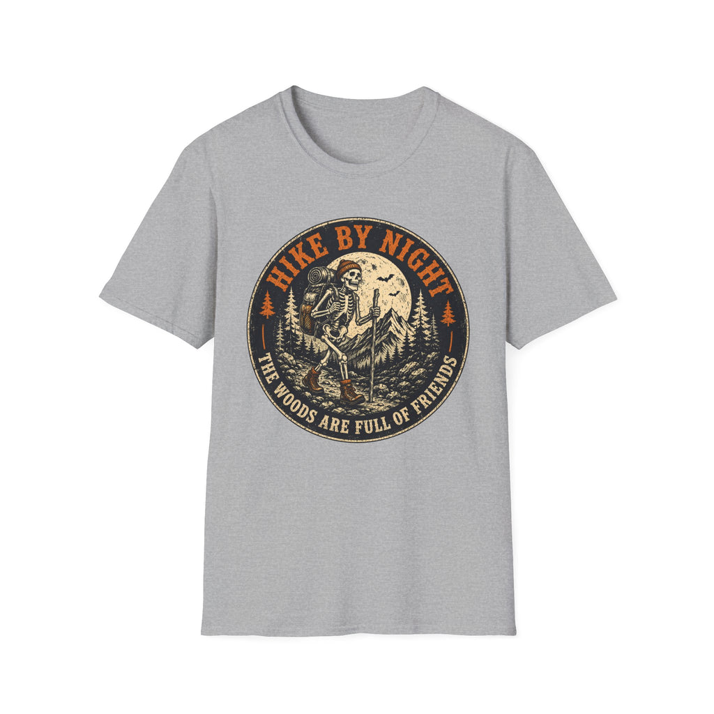 Hike By Night T‑Shirt — Retro Skeleton Night Hiker Graphic