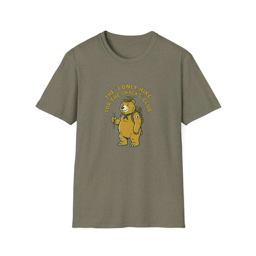 Hiker Bear T-Shirt — “The I Only Hike for the Snacks Club” Funny Outdoor Tee