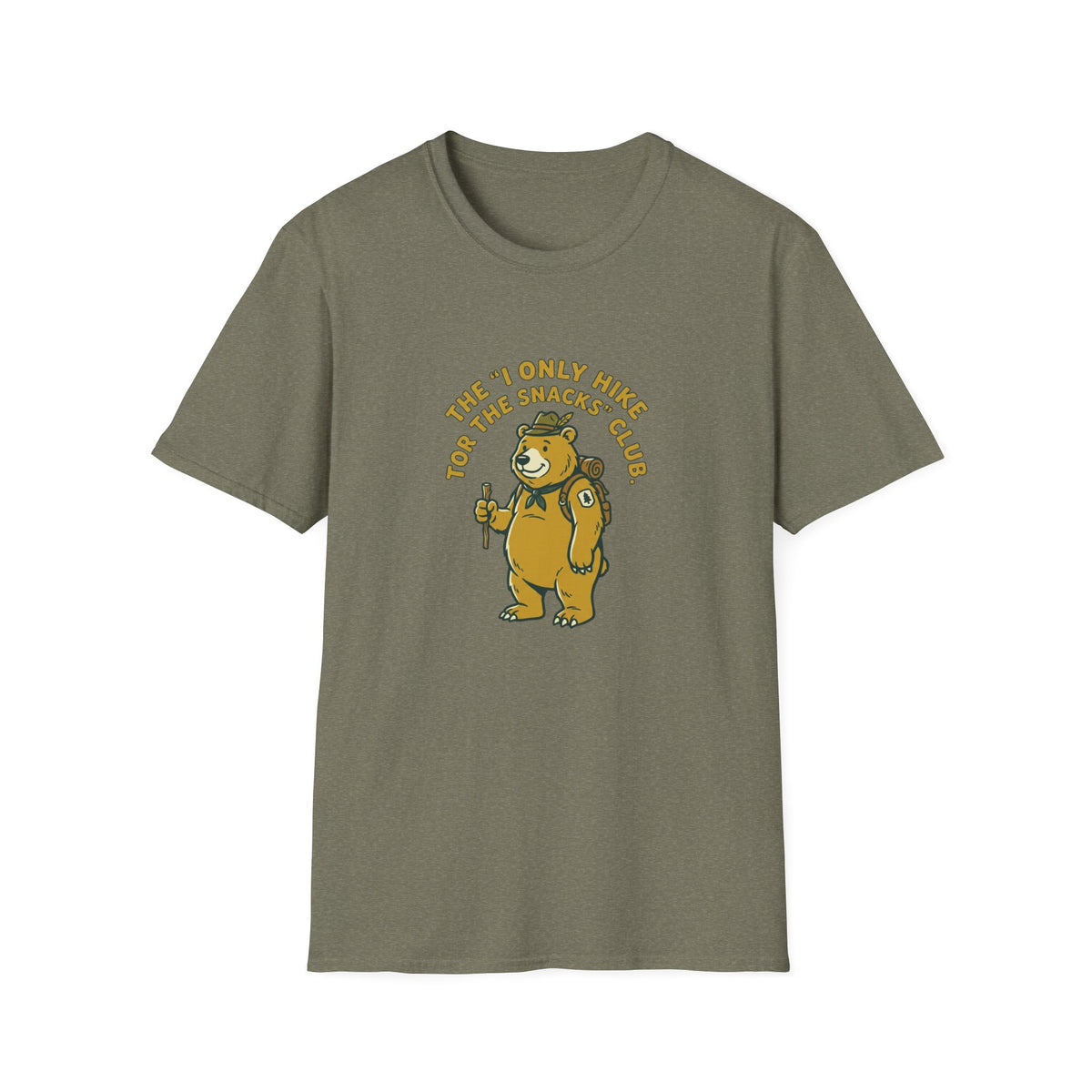 Hiker Bear T-Shirt — “The I Only Hike for the Snacks Club” Funny Outdoor Tee