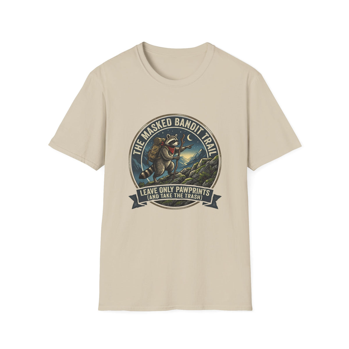 Masked Bandit Trail T-Shirt — Vintage Raccoon Hiking Graphic