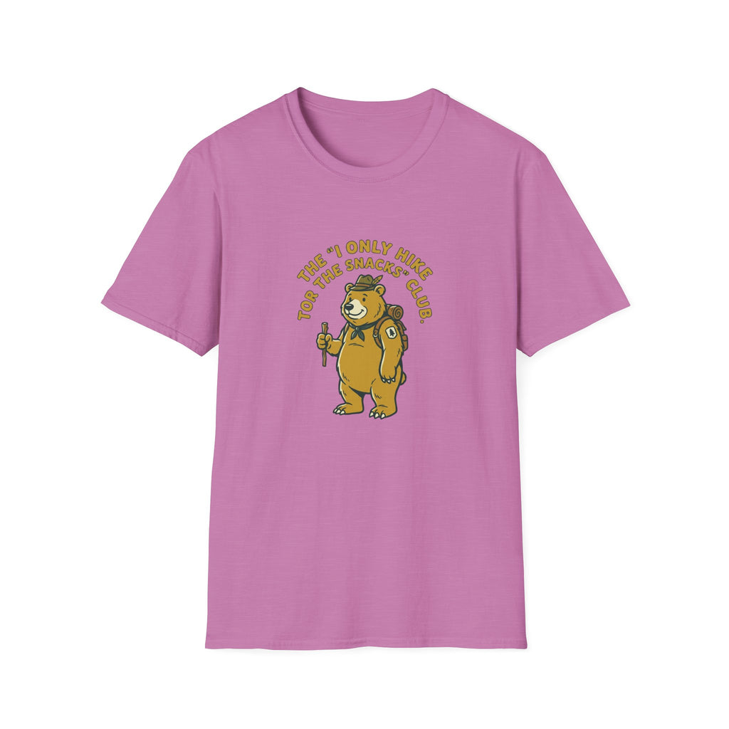 Hiker Bear T-Shirt — “The I Only Hike for the Snacks Club” Funny Outdoor Tee
