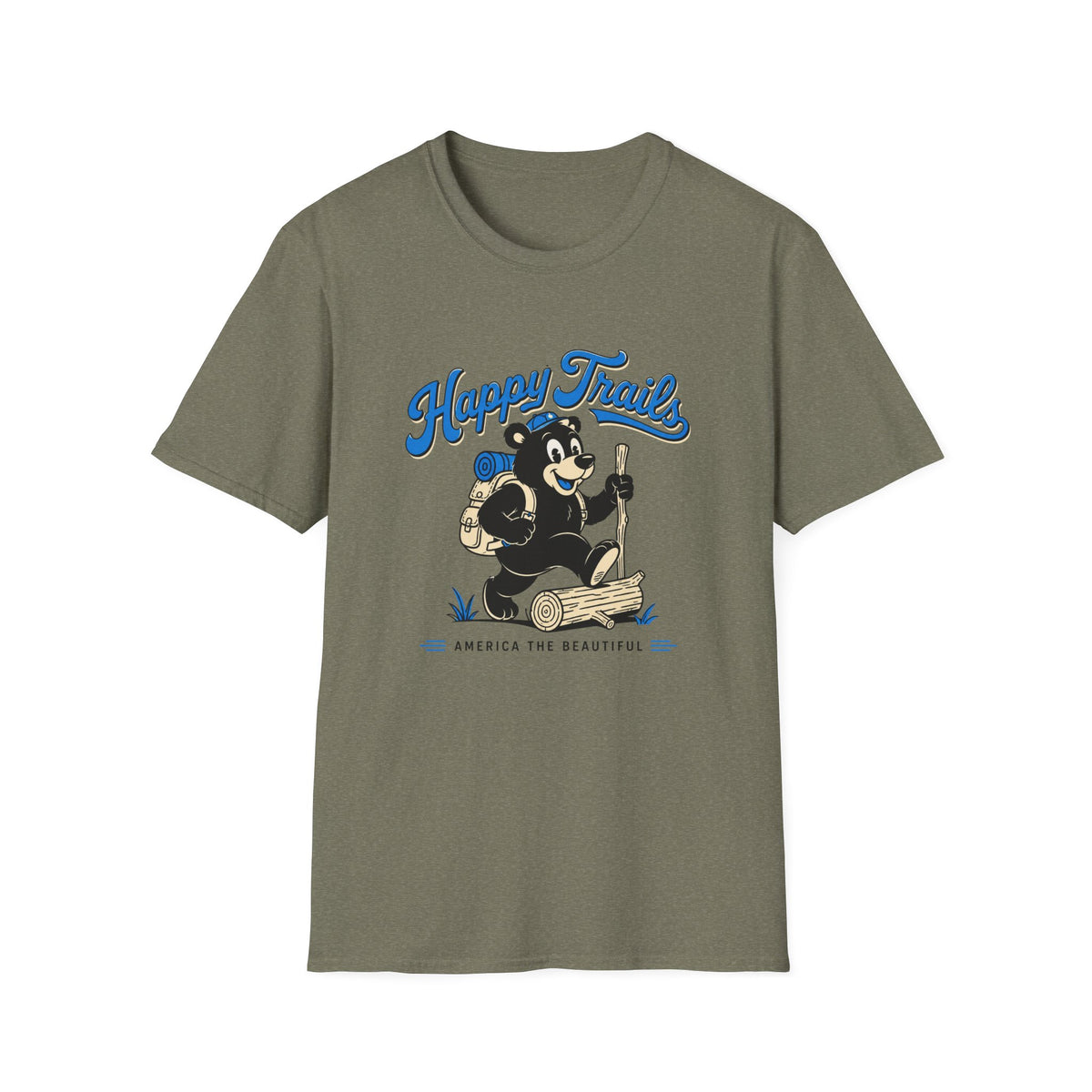 T-Shirt — "Happy Trails" Hiking Bear Graphic Tee