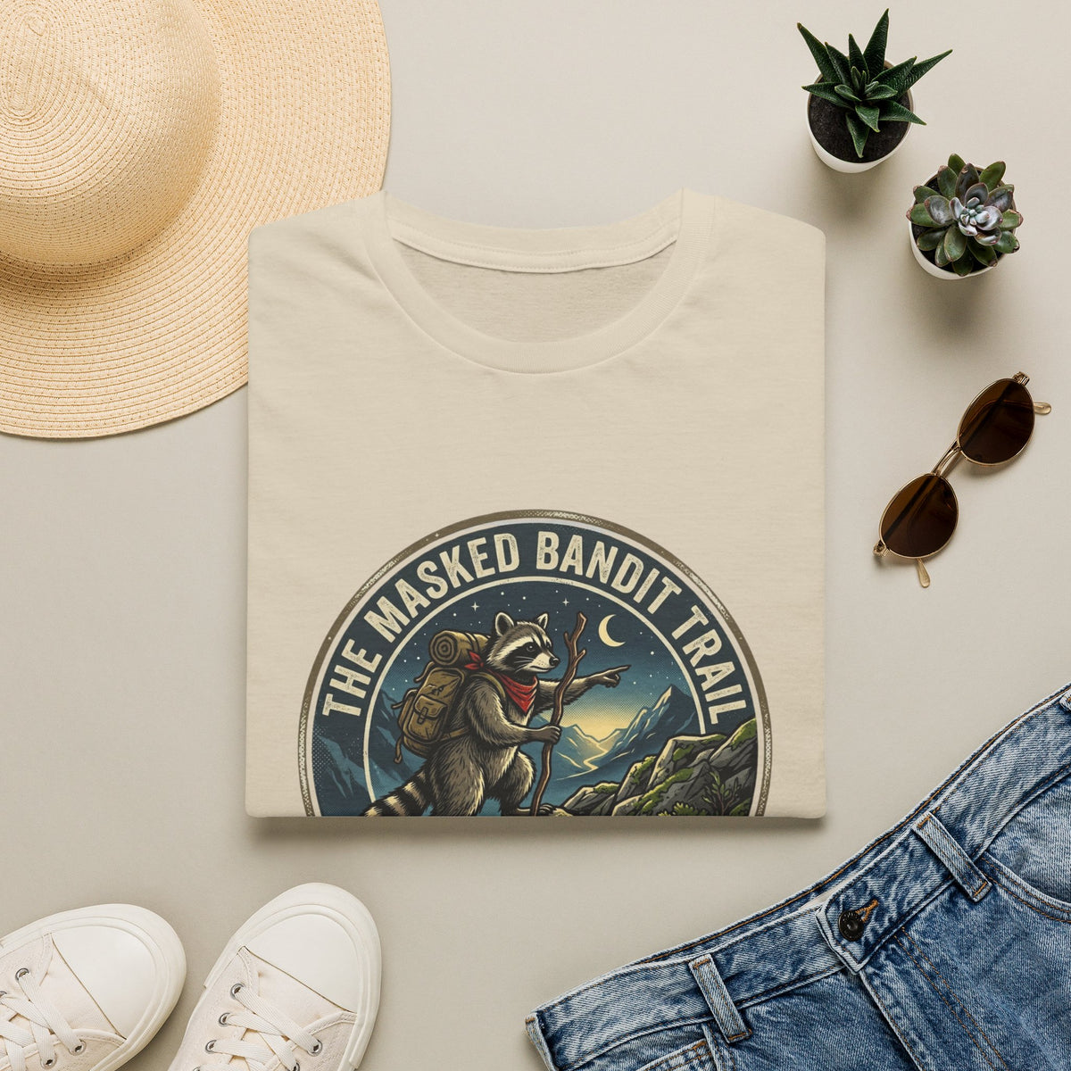 Masked Bandit Trail T-Shirt — Vintage Raccoon Hiking Graphic