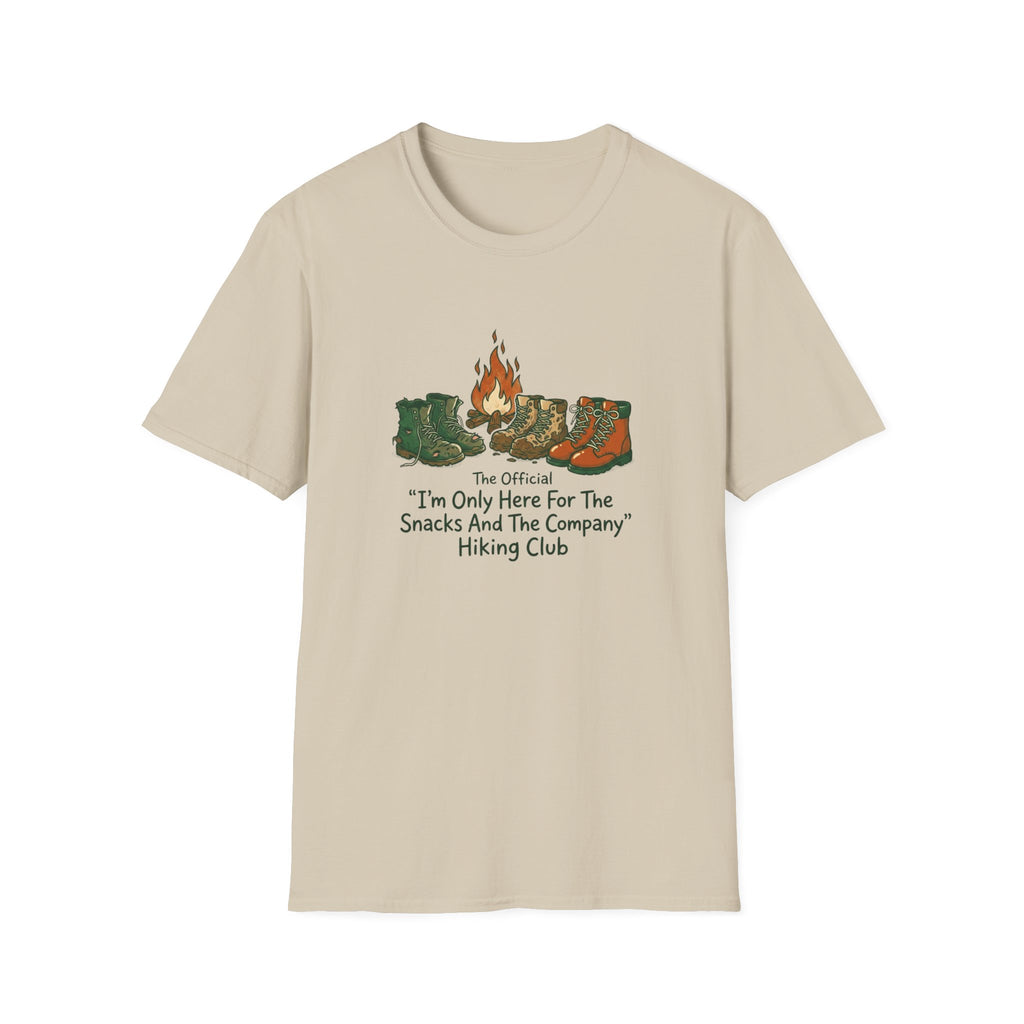 Camping Boots Graphic T-Shirt — “I’m Only Here For The Snacks And The Company” Hiking Tee