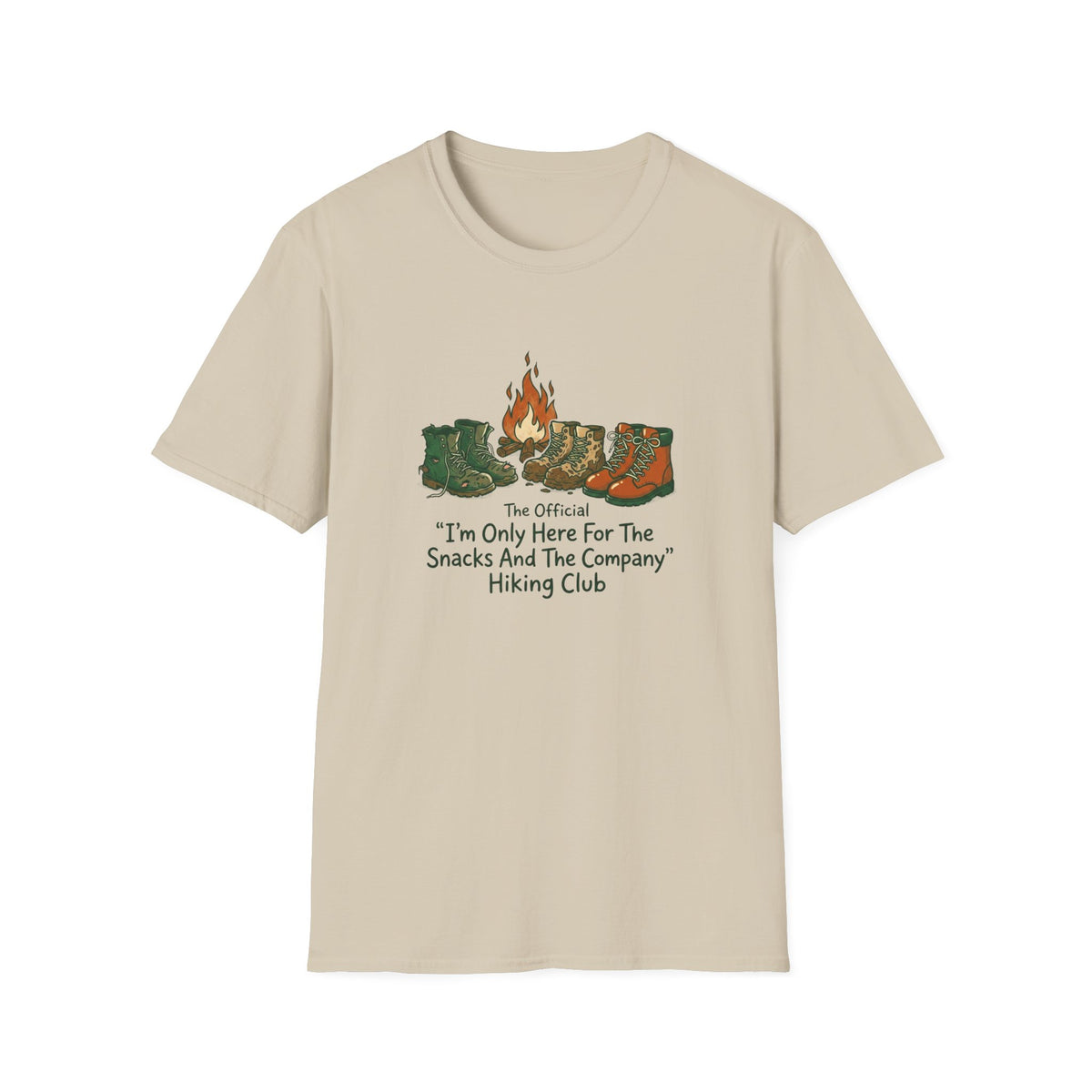 Camping Boots Graphic T-Shirt — “I’m Only Here For The Snacks And The Company” Hiking Tee