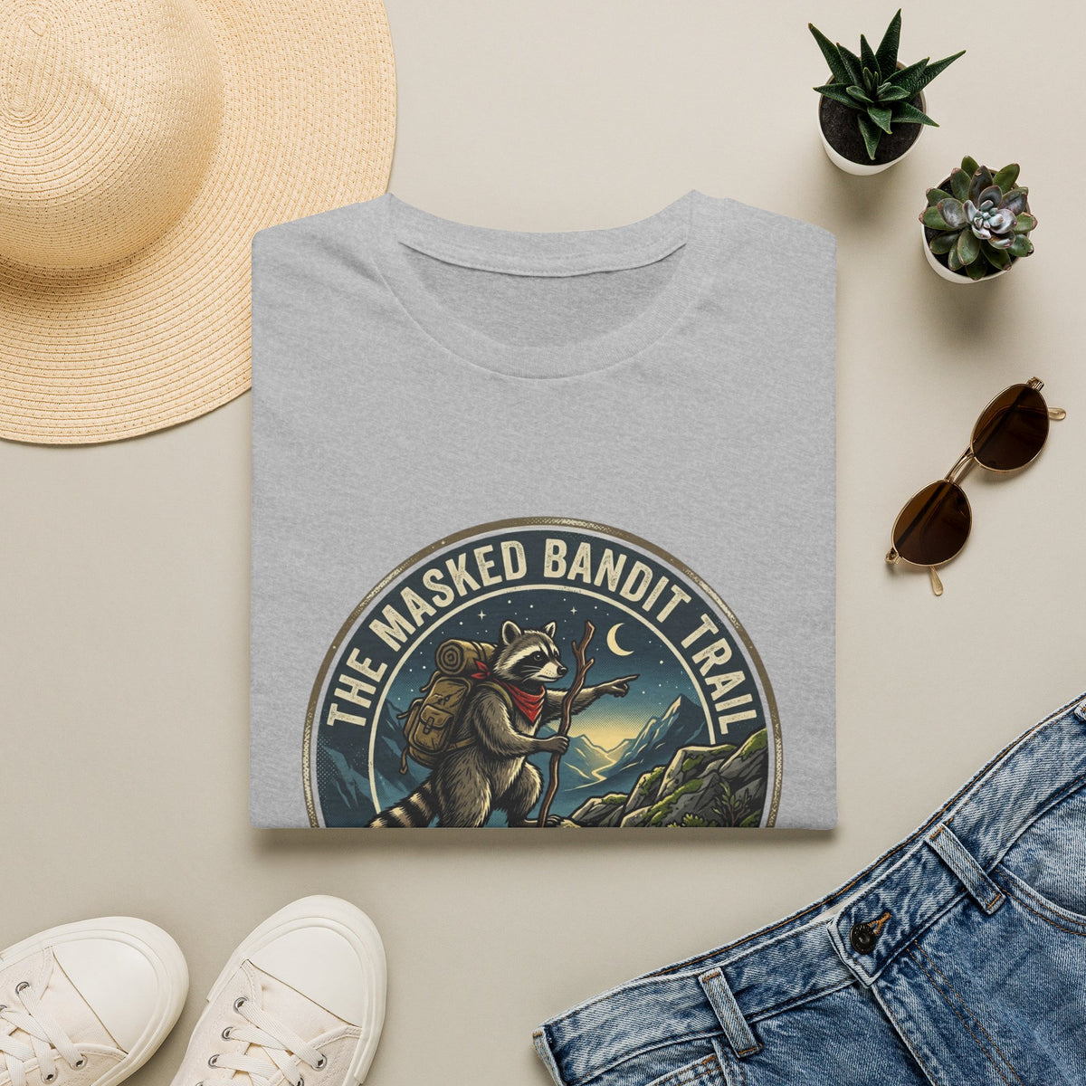 Masked Bandit Trail T-Shirt — Vintage Raccoon Hiking Graphic