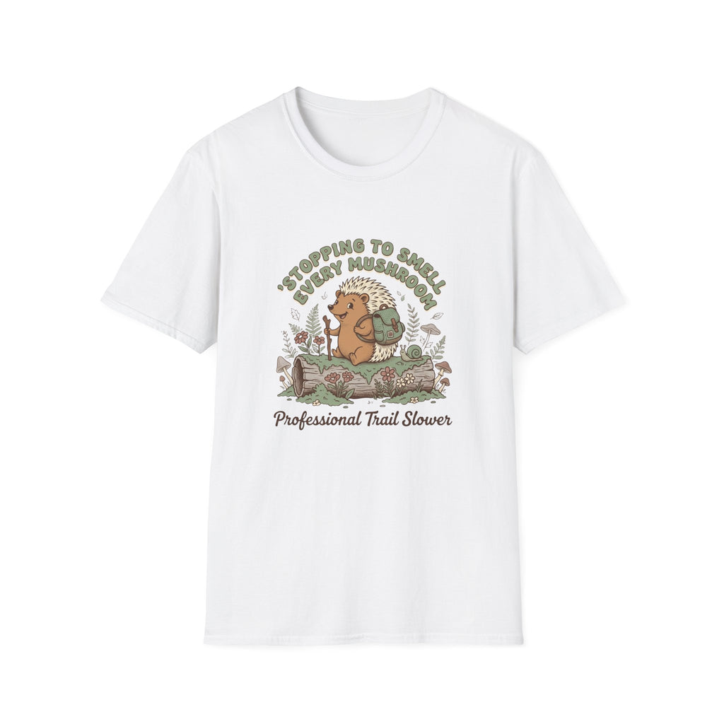 T-Shirt — "Stopping to Smell Every Mushroom" Hedgehog Hiking Graphic Tee