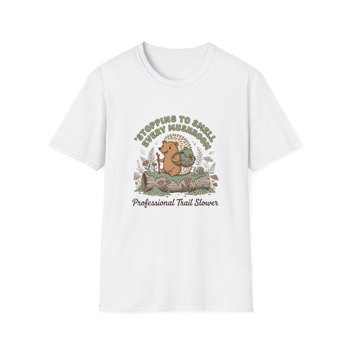 T-Shirt — "Stopping to Smell Every Mushroom" Hedgehog Hiking Graphic Tee