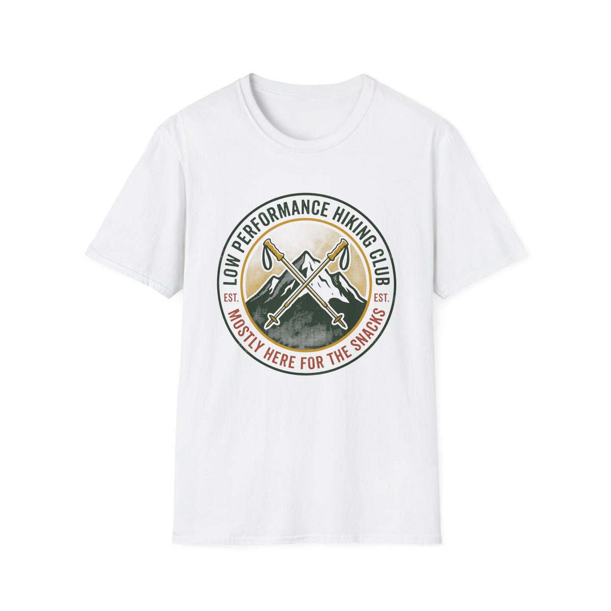Hiking T-Shirt — "Low Performance Hiking Club" Retro Mountain Graphic