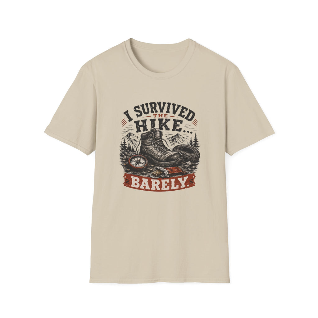 Hiking T-Shirt — "I Survived the Hike... Barely" Vintage Boots & Mountains Tee