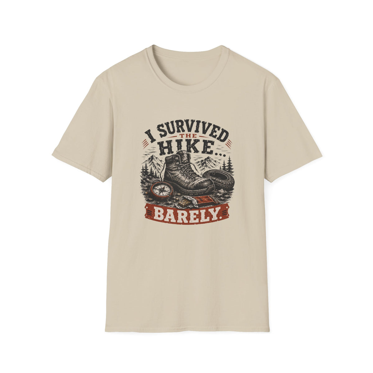 Hiking T-Shirt — "I Survived the Hike... Barely" Vintage Boots & Mountains Tee