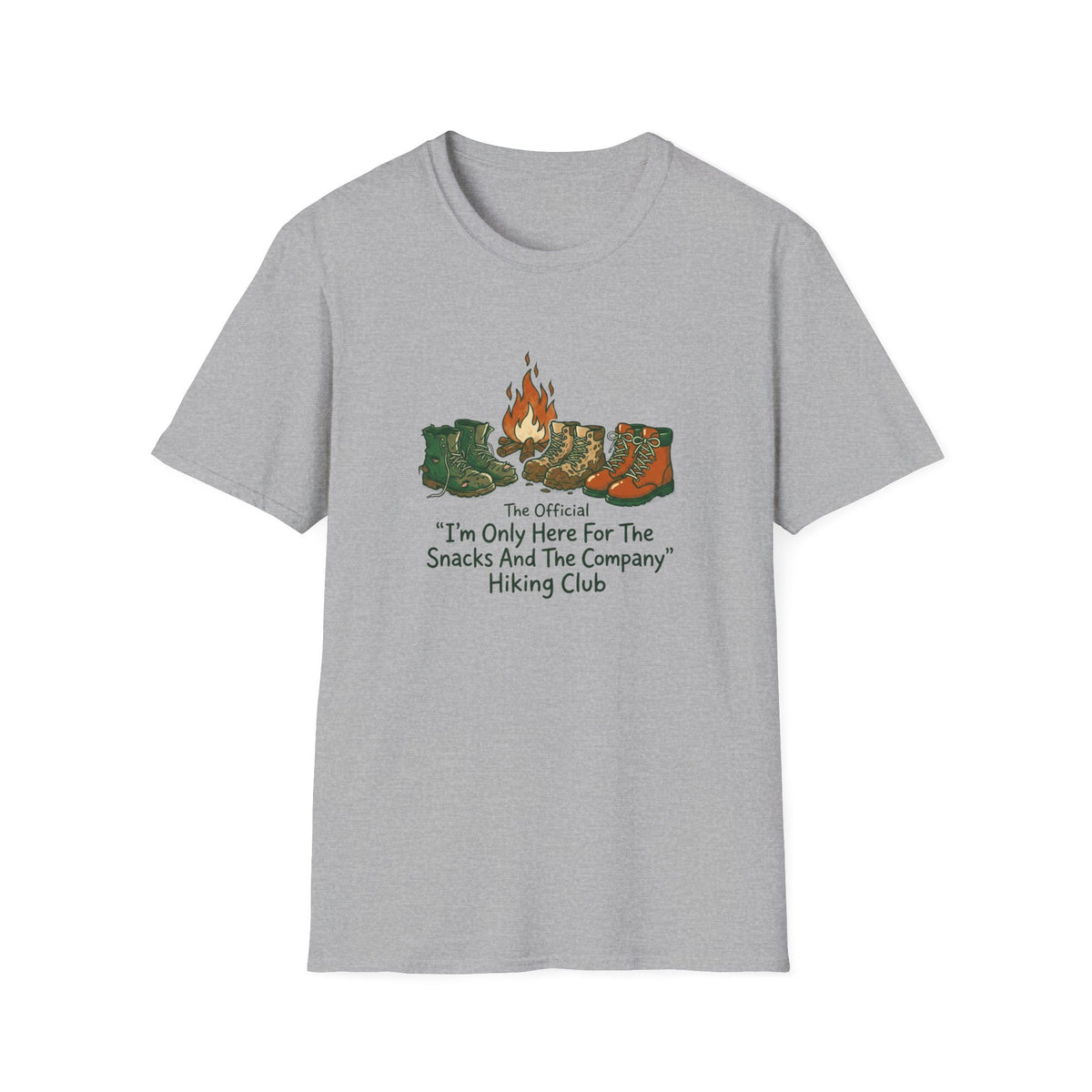 Camping Boots Graphic T-Shirt — “I’m Only Here For The Snacks And The Company” Hiking Tee